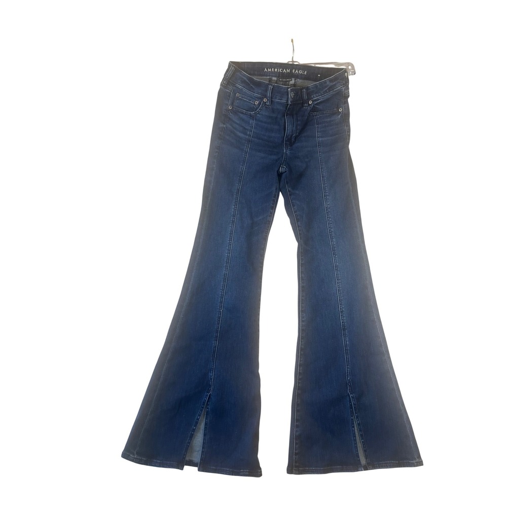 American Eagle Festival Flare Jeans Dark Wash Split Hem Seam Womens Size 6
